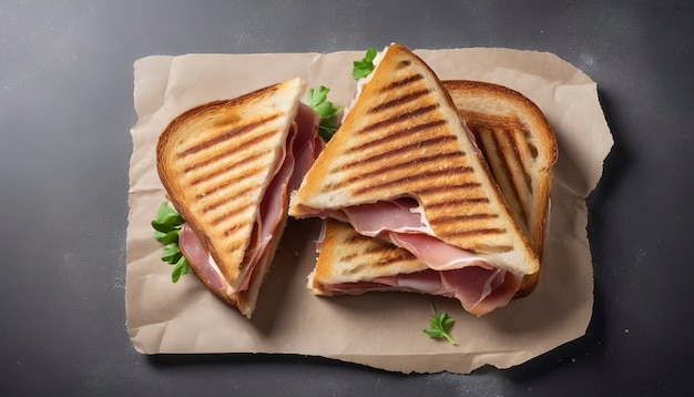 Toasted Panini sandwich with Prosciutto ham and cheese Gray background