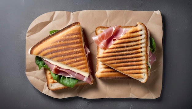 Toasted Panini sandwich with Prosciutto ham and cheese Gray background