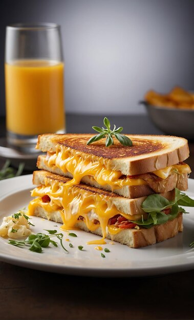 a toasted sandwich is on a plate with a glass of orange juice