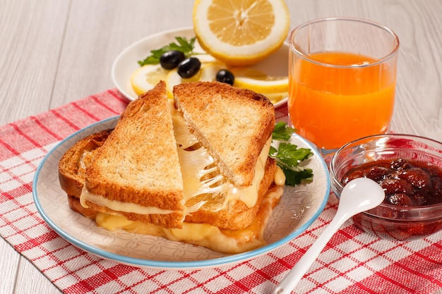 Toasted slices of bread with cheese and green parsley on white plate glass of orange