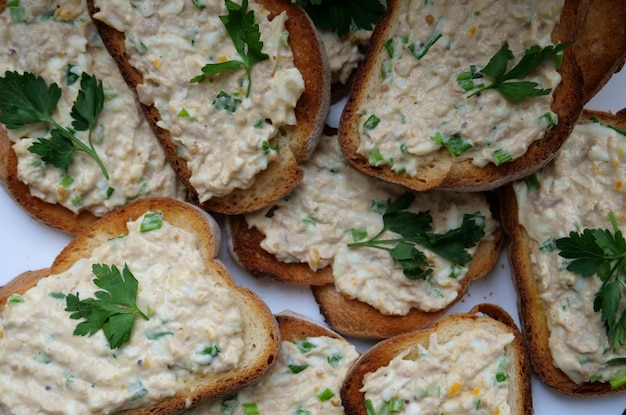 Toasted slices of wheat bread with egg salad and parsley leaves on top