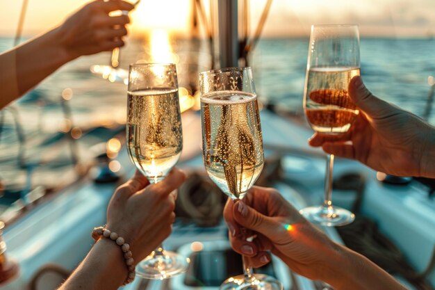 Toasten met champagne op een jacht bij zonsondergang Closeup van handen die toosten met champagne glazen aan boord