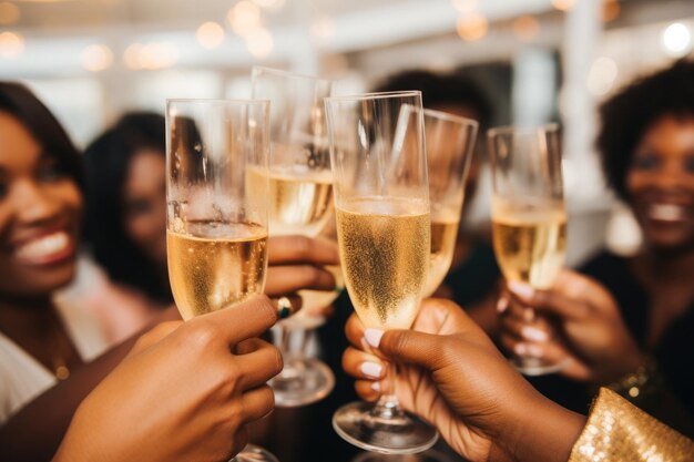 Toasten met champagneglazen tegen feestverlichting en kerstboom.