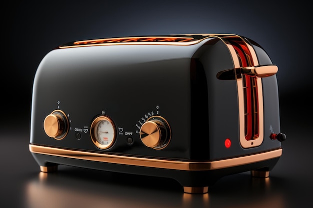 a toaster is in front of a black background