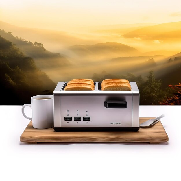 A toaster is on a wooden tray with a mug and coffee mug on it