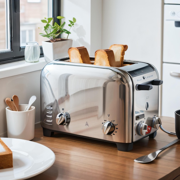 Photo a toaster oven sits on a table with bread and toaster