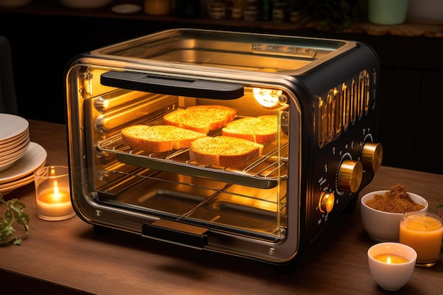 Toaster oven with bread slices inside glowing heating elements