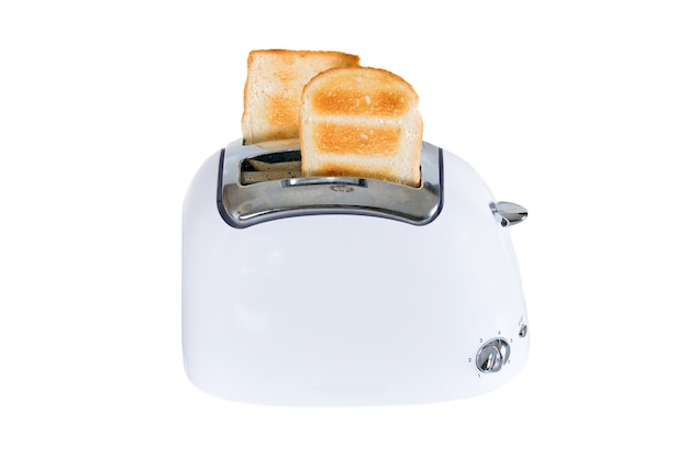 흰색 바탕에 구운 빵을 얹은 토스터기
