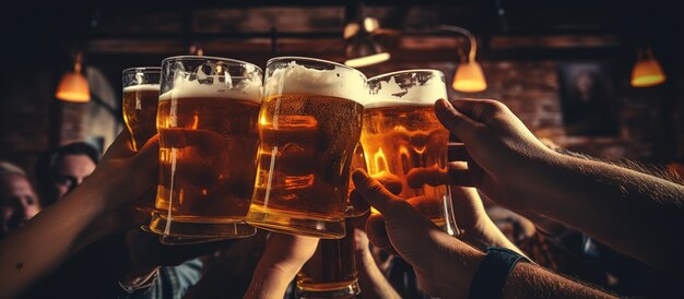 Toasting beer and stitching glasses in a restaurant or pub AI generated image