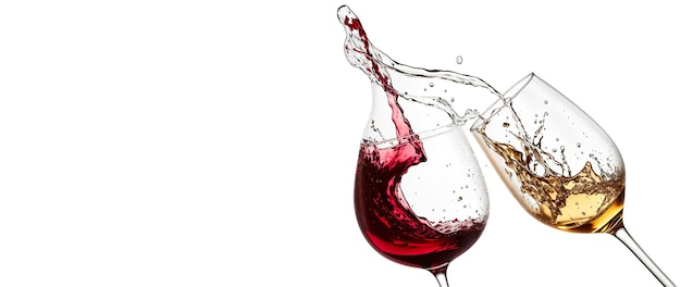 Toasting and splash of white and red wine in glasses on white background banner Generative AI