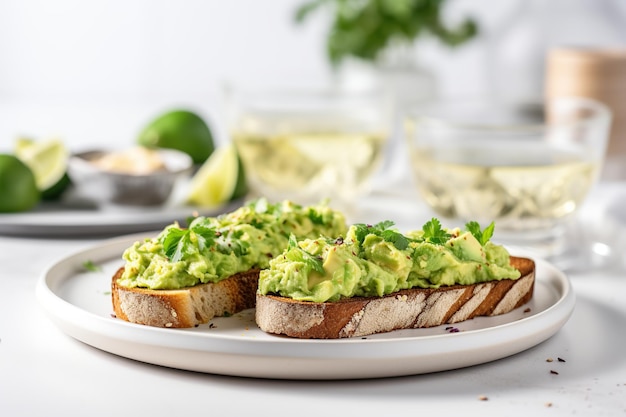 Toasts bread with guacamole on plate on table