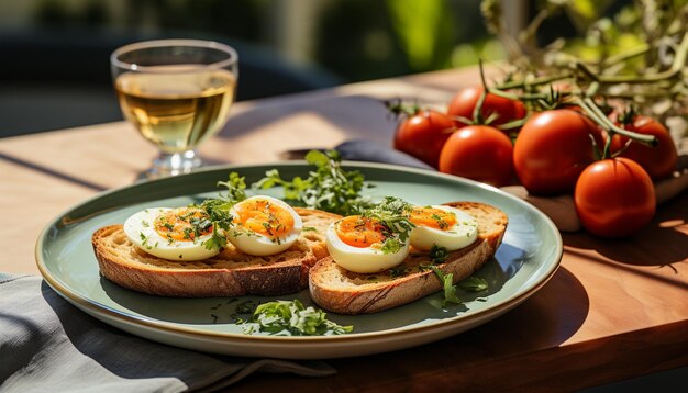 Toasts with boiled eggs arugula and parsley on plate