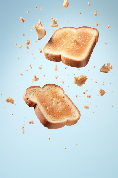 Toasts with breadcrumbs fly in the air on pastel background Trendy food levitation