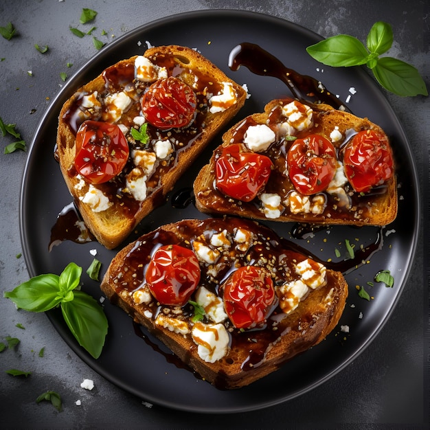 Toasts with ricotta cheese and sun dried tomatoes with balsamic sauce and fresh basil leaves on dark plate on dark background top view Appetizer of wine snack of italian cuisine Generative AI