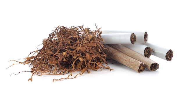 Tobacco pile and cigarette on white background