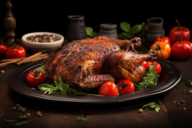 Tobacco whole chicken on plate with herbs and tomato