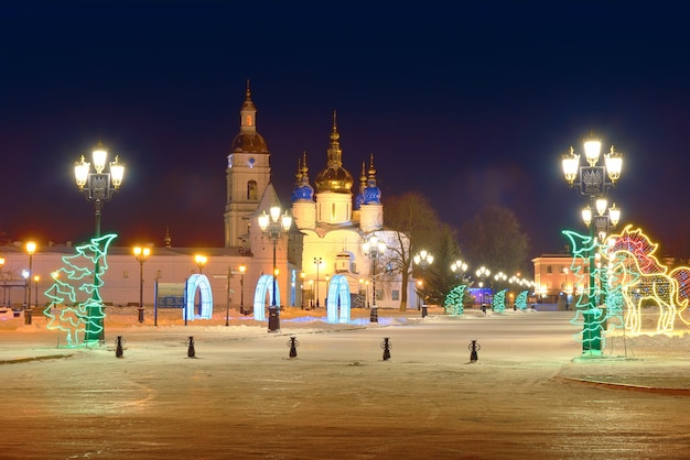 Tobolsk Kremlin on Christmas night Ancient Russian architecture of the XVII century