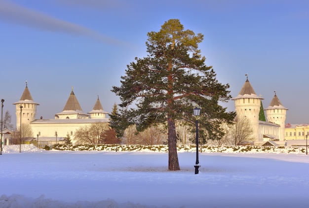 Tobolsk Kremlin in de winter Pijnboom tegen de muren en torens van Guest Yard