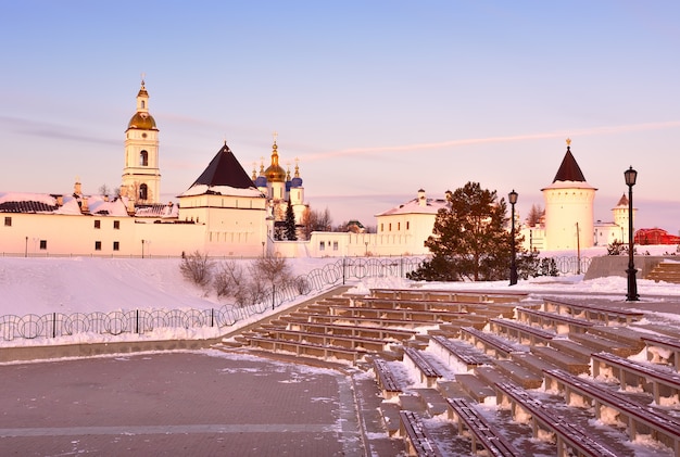 Tobolsk Kremlin in winter Eastern fortress wall from the site in the garden of Ermak