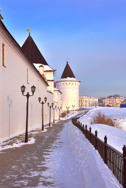 Tobolsk Kremlin in winter White stone fortress walls on a high hill the Southern Round tower