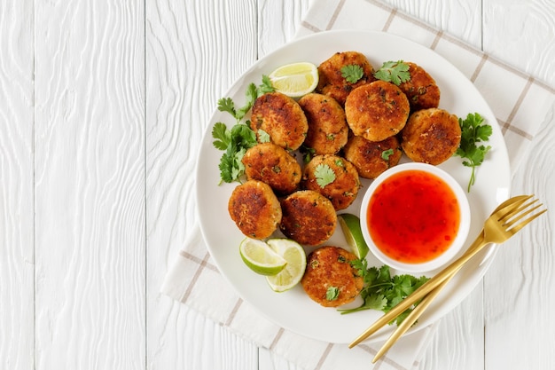 Tod man pla thai fish cakes on a plate