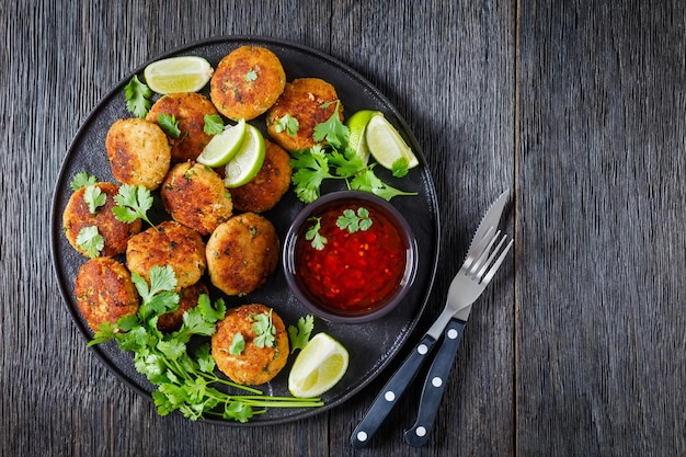 Tod man pla thai fish cakes on a plate