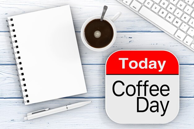 Today is Coffee Day Icon, Blank Note Pad with Penб Computer Keyboard and Cup of Coffee on a wooden table. 3d Rendering