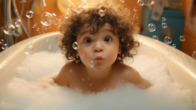 Toddler bathes in bathtub with foam and bubbles happy baby bath time