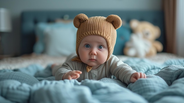 A toddler in bear dress looking at camera in bed with space Generative AI