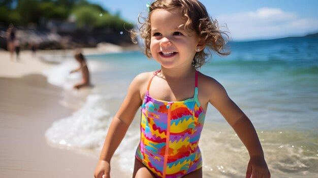 Photo toddler in a colorful swimsuit playing at the beach