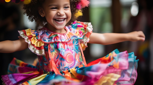 Photo toddler in a colorful tutu dancing to music