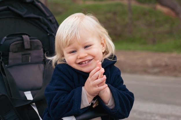 乳母車に乗った幼児のかわいい男の子