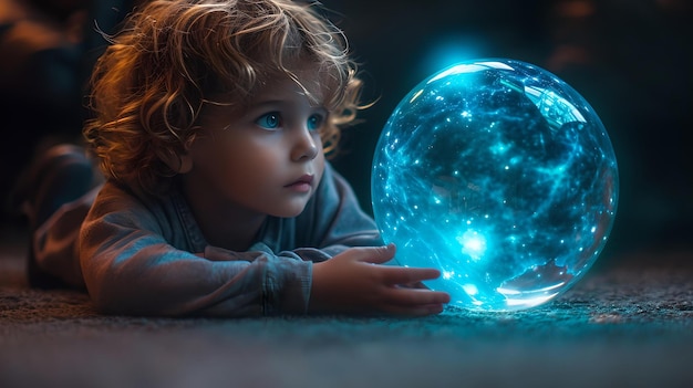 Toddler encounter with a magical orb of light at night a young child imagination comes to life AI