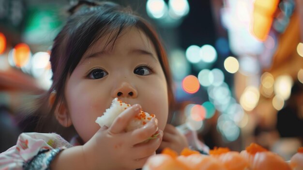 写真 チョップスティックで寿司を楽しんでいる幼児が楽しい料理体験を共有しています