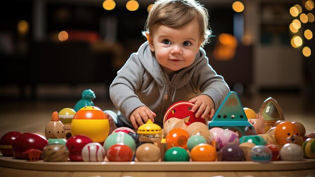 Toddler exploring the toys in the room