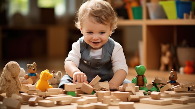 Toddler exploring the toys in the room