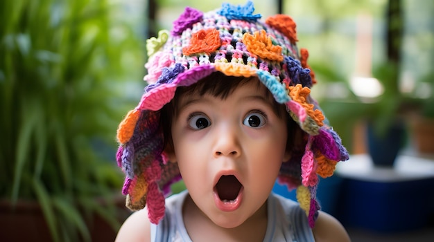 Toddler in a funny hat making a surprised face