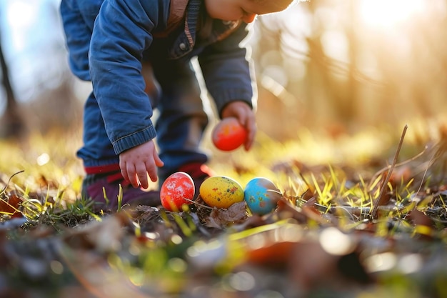 Toddler gathering colorful easter eggs outdoors