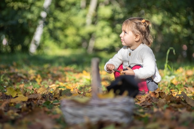 маленькая девочка играет в корзину с желтыми осенними листьями Малыш в костюме ведьмы концепция хэллоуин