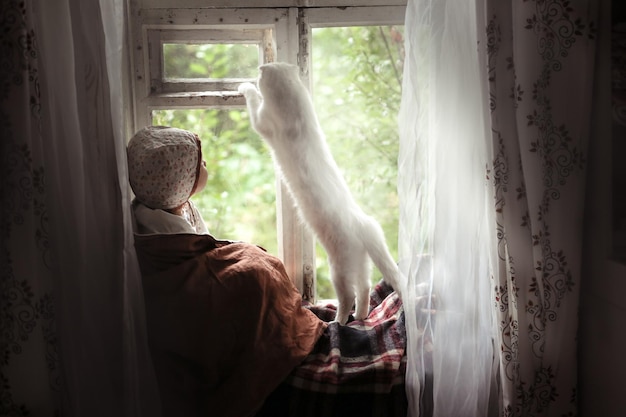 Photo toddler girl with a cat sitting on the window concept of a fabulous childhood and favorite animals