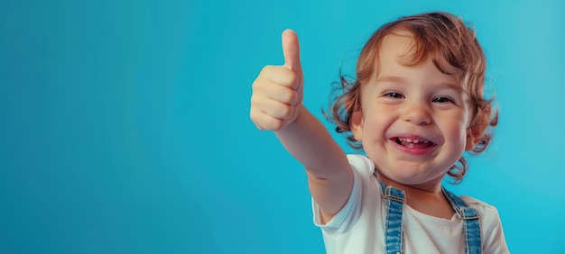 Toddler giving a thumbs up on blue background