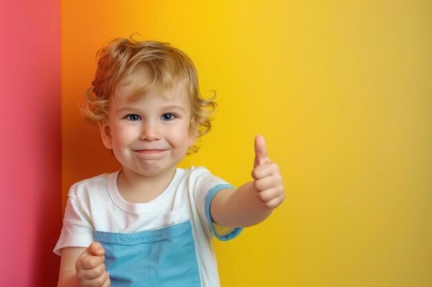 Foto un bambino che dà un pollice su uno sfondo colorato