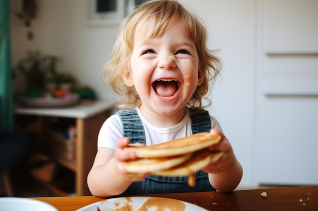 Photo toddler gleefully devouring vegan pancakes