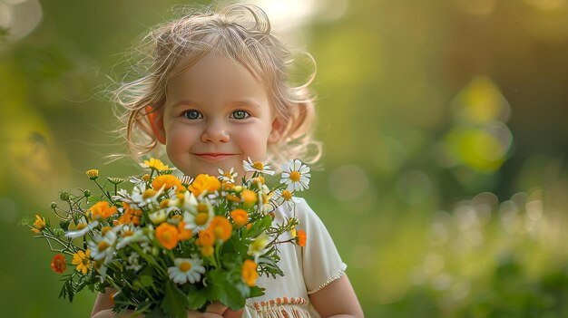 Photo a toddler gleefully presenting a bunch of wildflowers