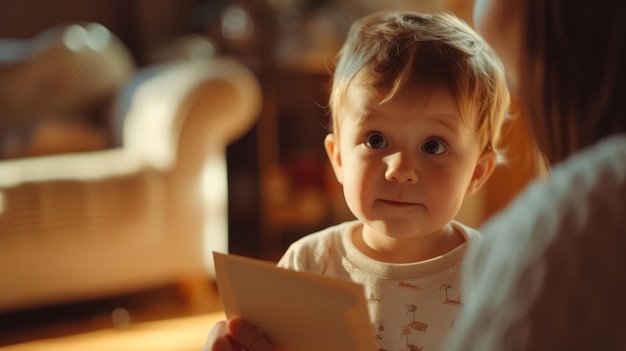 A toddler handing a handmade card to his mother