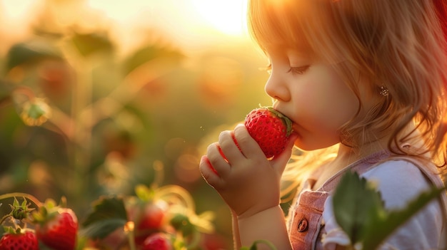 写真 自然な食べ物を楽しむ草原でストロベリーを幸せに食べている幼児