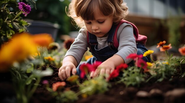 Foto bambino che aiuta nel giardino a piantare fiori