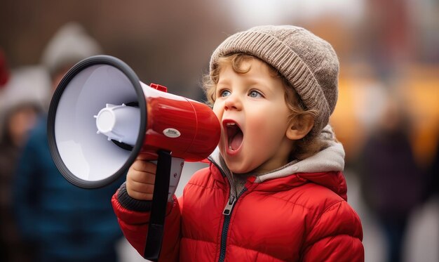 A Toddler Holding a megaphone in his hand and shouting wearing a Red coat and a woven cap