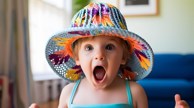 写真 面白い帽子をかぶった幼児が驚いた表情をしている
