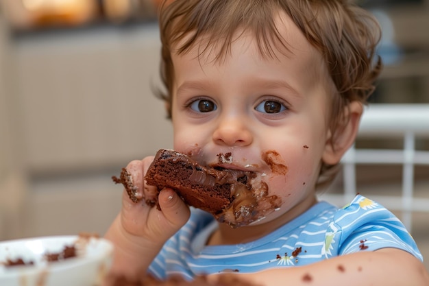 A toddler is eating a piece of chocolate cake